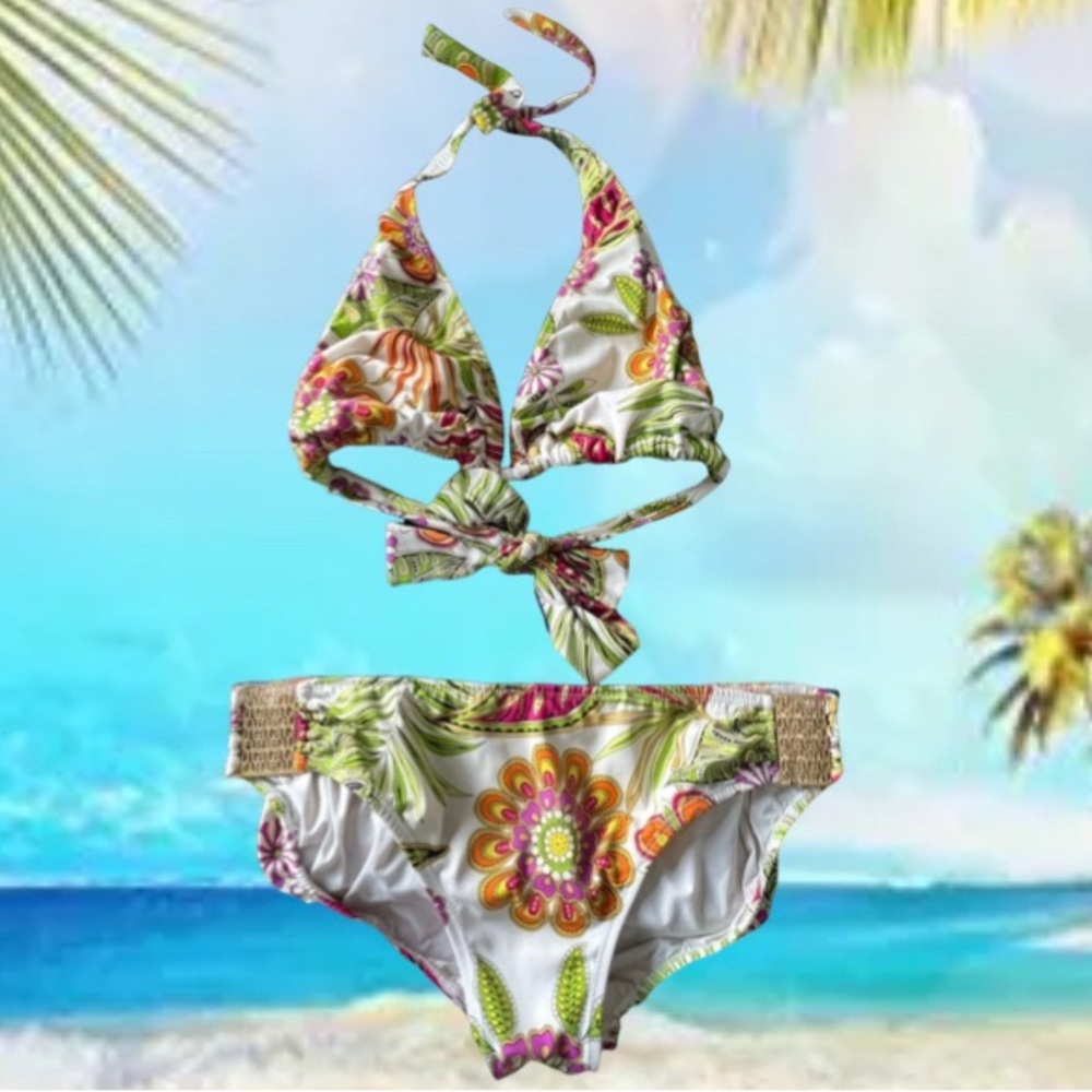 Tara Grinna Pink Green Orange Floral Sting Bikini Size 12 DD.